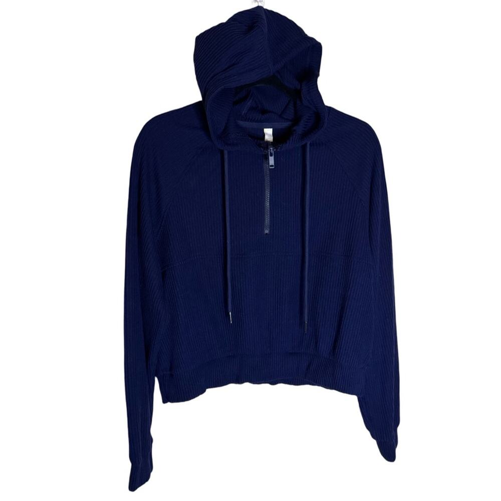 Zella Cozy Half Zip Ribbed Crop Hooded Sweater - Navy Sapphire Size S - Picture 2 of 7